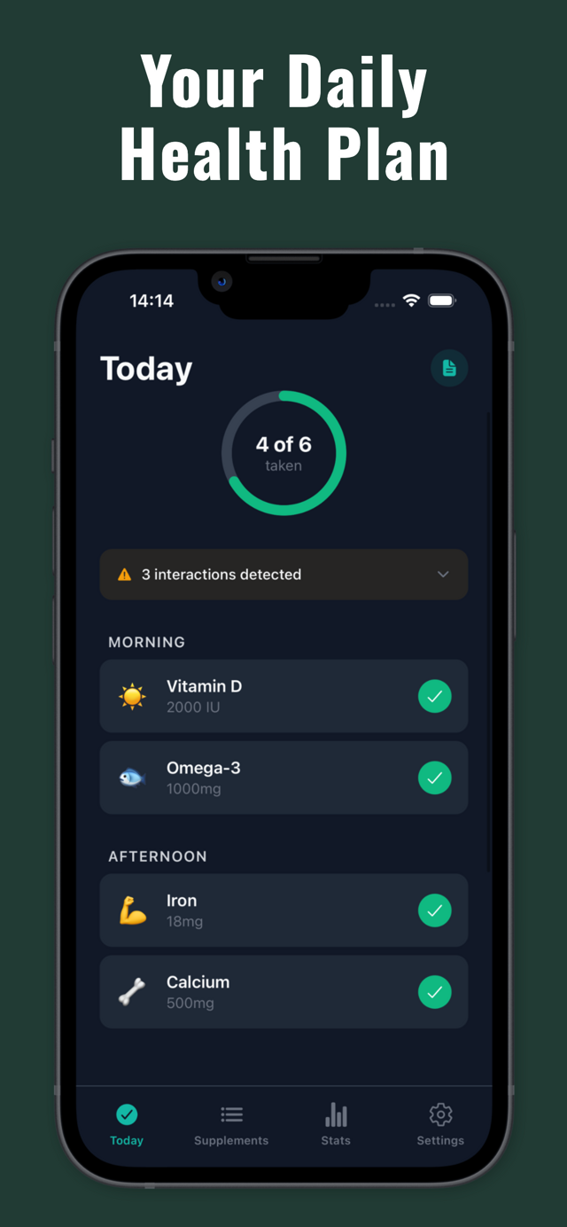 Supplement Tracker app — daily tracking view
